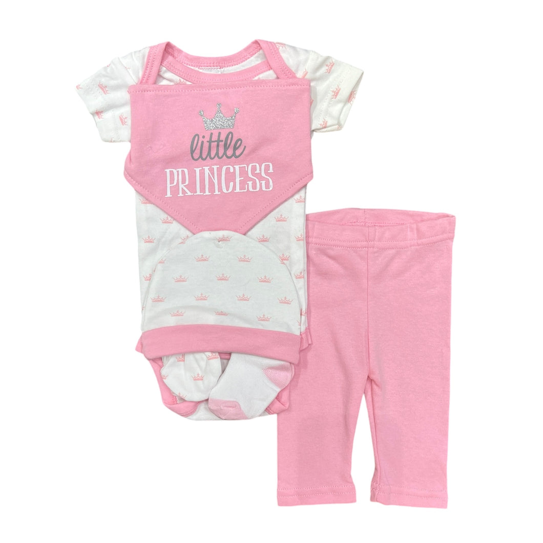 Kit de 7 piezas de princesa (body + pantalón + babero + manopla + media + gorra + funda para guardar)