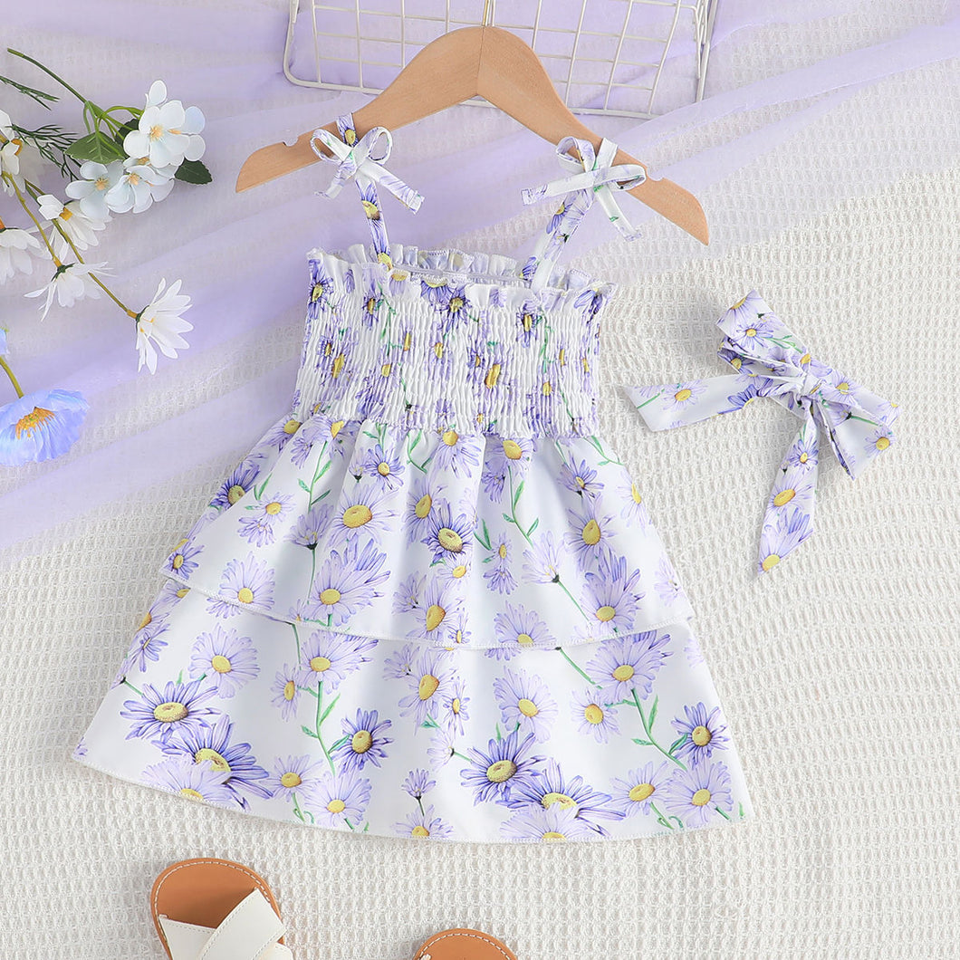 Vestido engomado blanco con estampas de flores y vincha