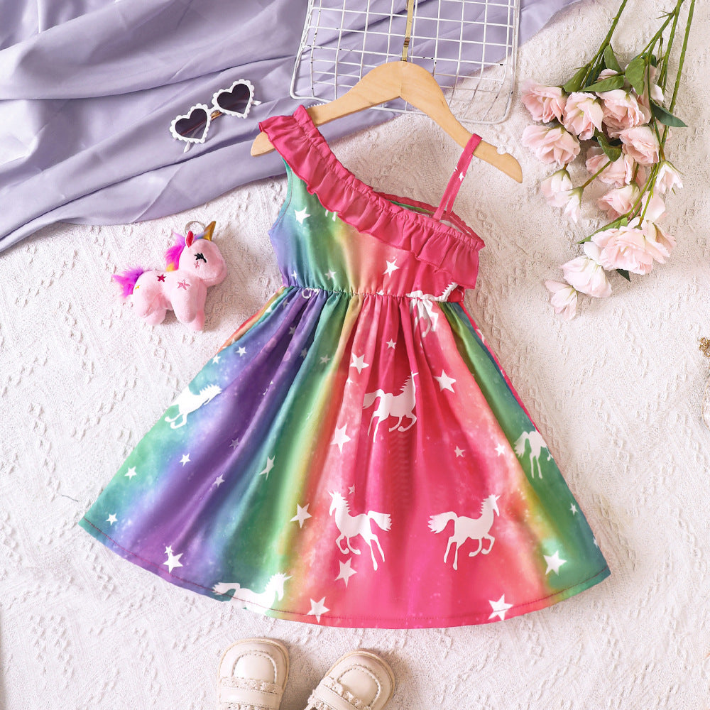 Vestido colorido con estampas de unicornio y volados