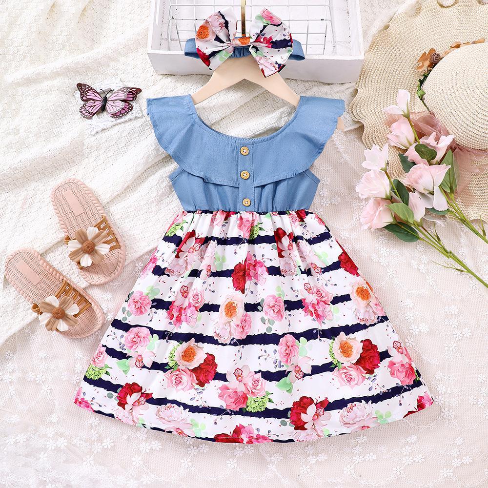 Vestido con volado y falda con estampas de flores con vincha