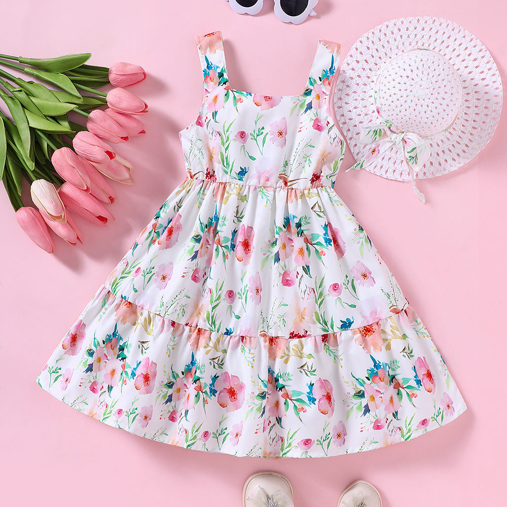 Vestido blanco estampado de flores con sombrero