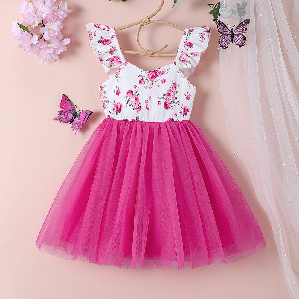 Vestido blanco con estampas de flores y falda de tul pink