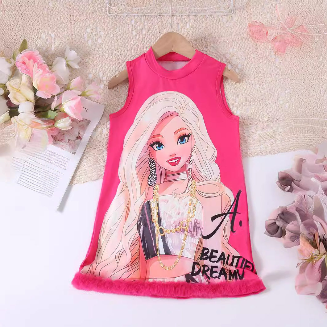 Vestido pink de Barbie con detalles peludos