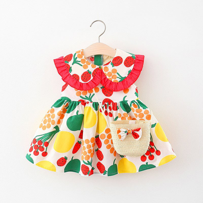 Vestido con estampas de frutas, volados rojo y cartera