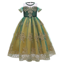 Cargar imagen en el visor de la galería, Vestido largo verde con encaje en dorado estilo Anna de Frozen
