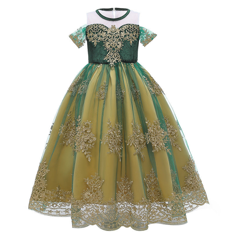 Vestido largo verde con encaje en dorado estilo Anna de Frozen