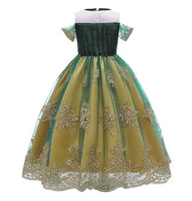 Cargar imagen en el visor de la galería, Vestido largo verde con encaje en dorado estilo Anna de Frozen
