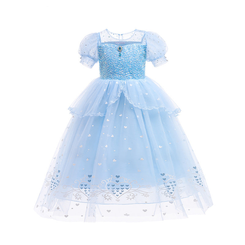 Vestido largo celeste con manga abullonada estilo Elsa Frozen