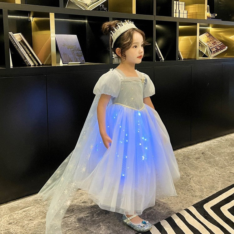 Vestido celeste estilo Elsa Frozen con luces y capa separable