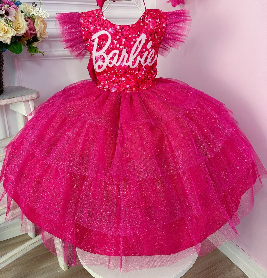 Vestido pink escalonado de Barbie con brillo