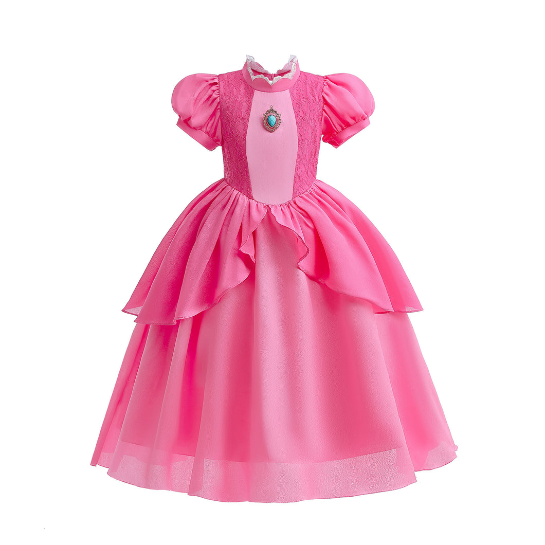 Vestido largo pink con encaje estilo princesa Peach