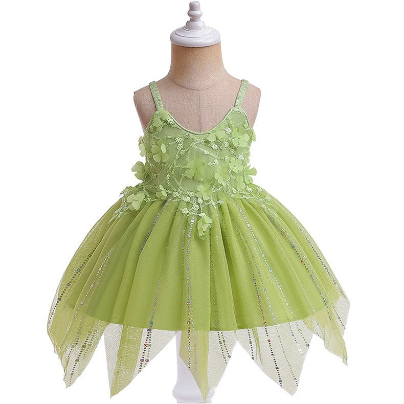 Vestido verde de tul con flores y alas estilo Tinker bell