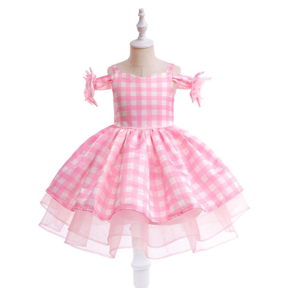 Vestido a cuadros rosa con blanco y tul con moños estilo Barbie