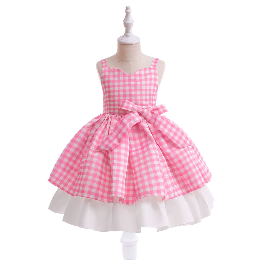 Vestido a cuadros rosa con blanco y vincha con moño estilo Barbie