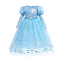 Carregar imagem no visualizador da galeria, Vestido largo celeste, mangas largas con capa separable estilo Elsa Frozen
