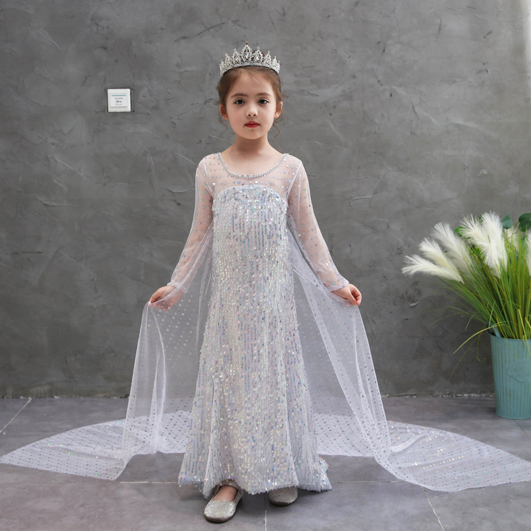 Vestido estilo Elsa Frozen  manga larga con lentejuelas y capa