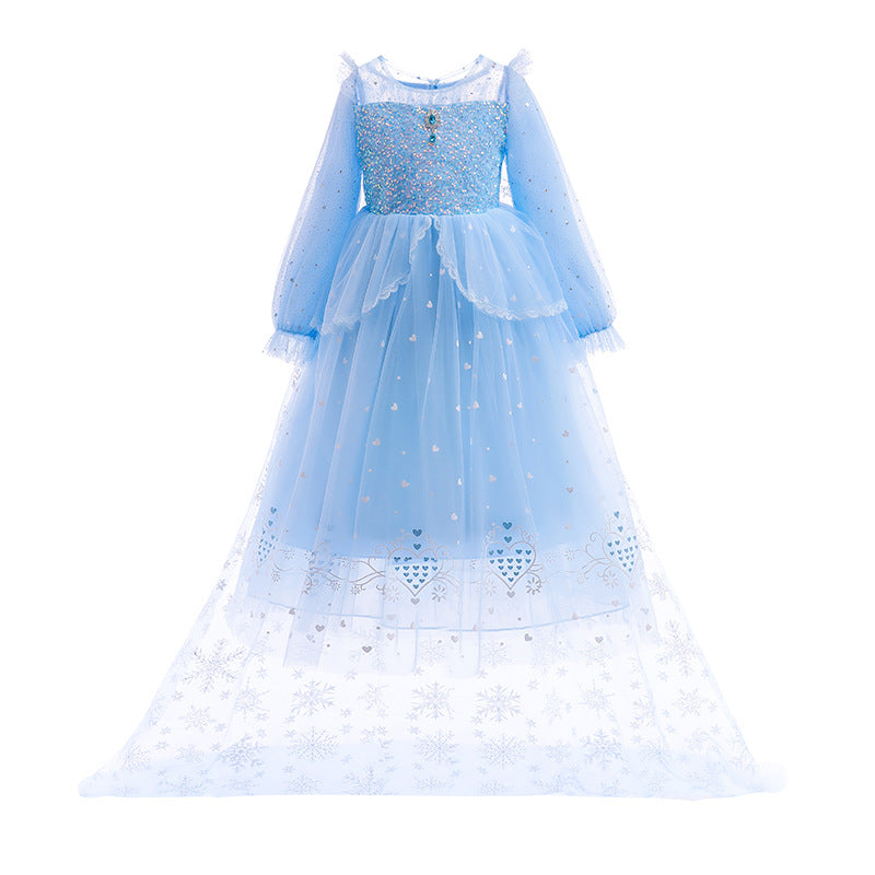 Vestido estilo Frozen celeste con lentejuelas  y capa  con estampas