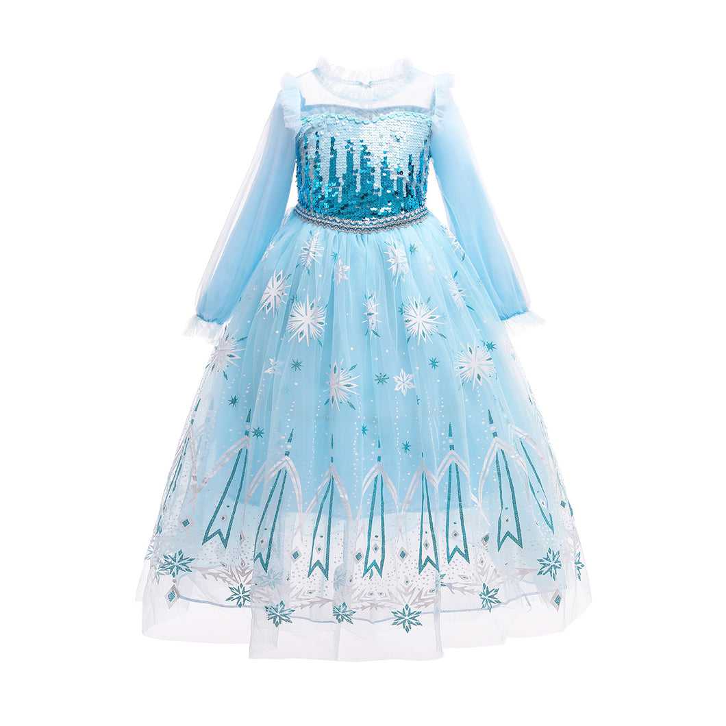 Vestido estilo Frozen celeste con lentejuelas y tul