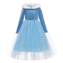 Cargar imagen en el visor de la galería, Vestido estilo Frozen celeste con cuello peludo y capa separable
