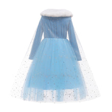 Cargar imagen en el visor de la galería, Vestido estilo Frozen celeste con cuello peludo y capa separable
