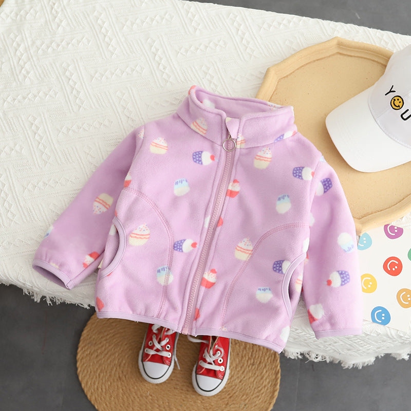 Abrigo campera polar lila con estampas de cupcakes