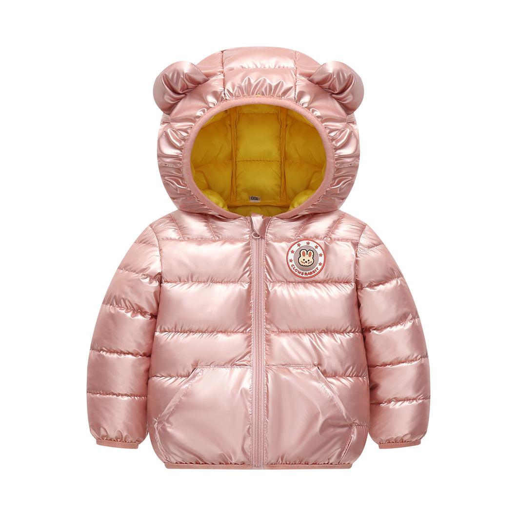 Campera de pluma rosa viejo metalizado y capucha con orejas