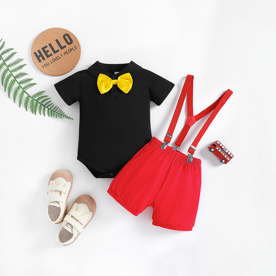 Camisa polo body negro, moño, short rojo, tirantes combinación color Mickey