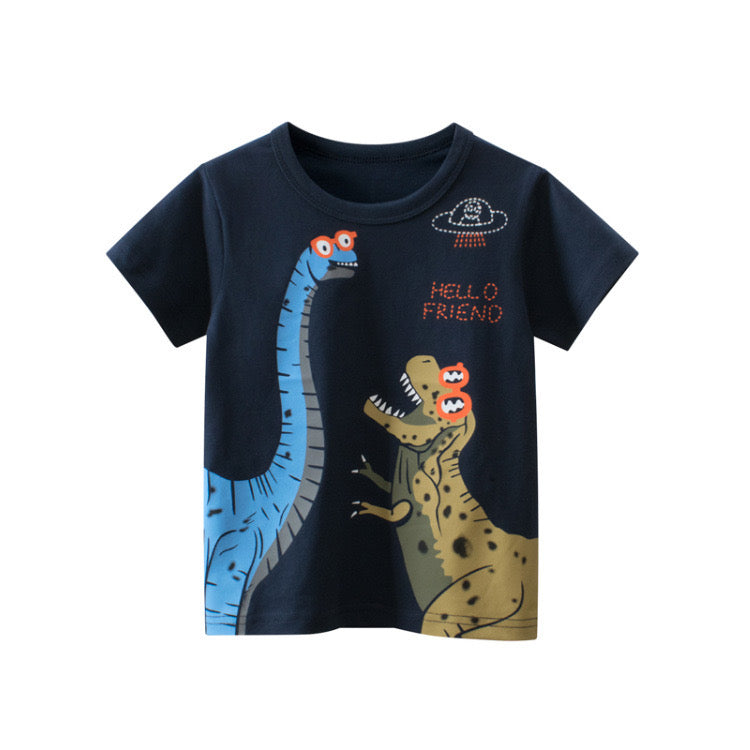 Remera azul marino con estampas de dino