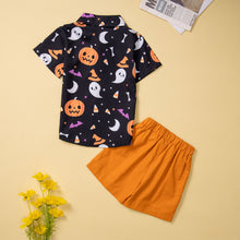 Cargar imagen en el visor de la galería, Camisa negra con estampas de halloween y short  naranja
