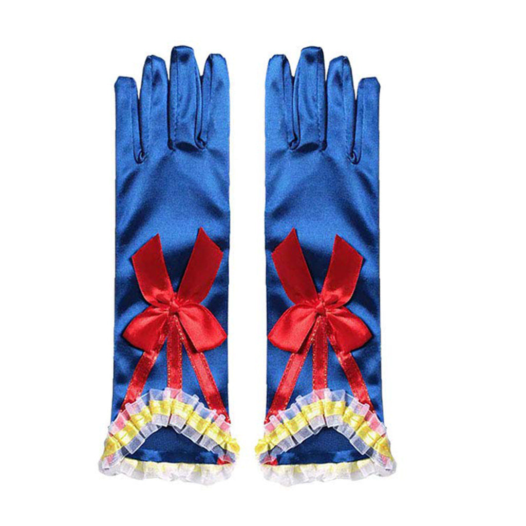 Guantes de seda azul con moño rojo y volados estilo Blancanieves