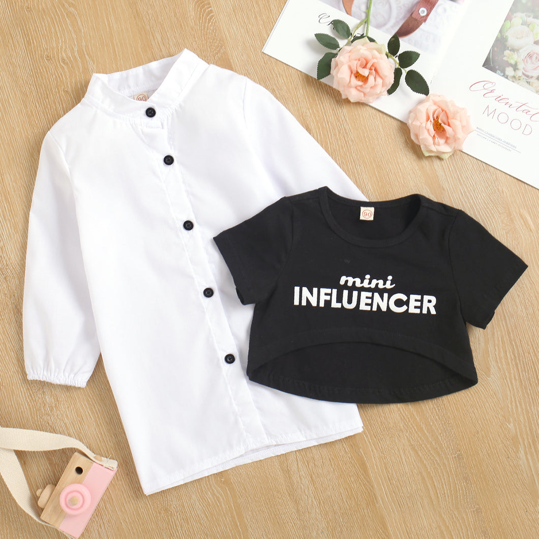 Camisa vestido blanco mangas largas, cuello mao y crop top negro con letras