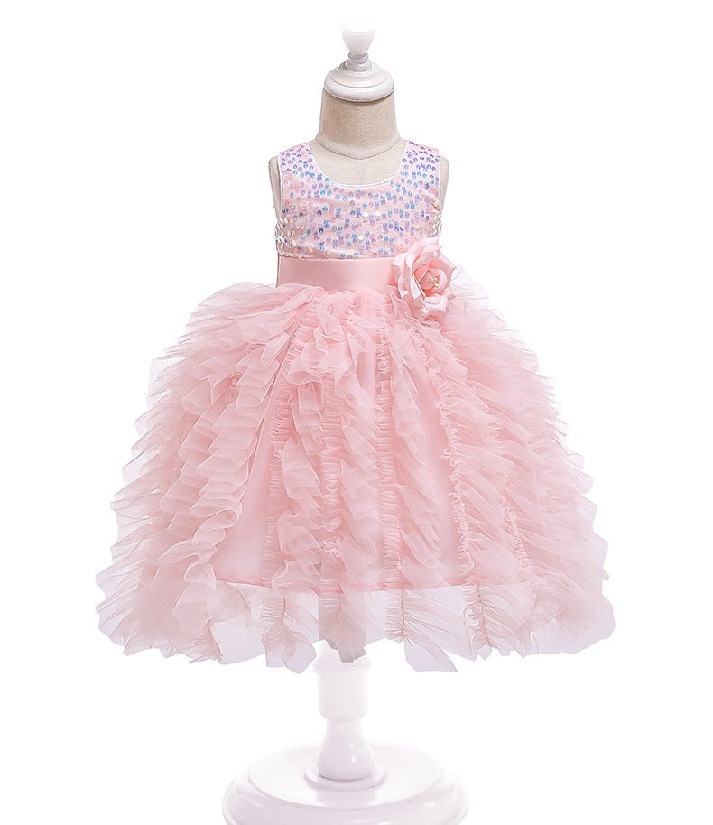 Vestido rosa con lentejuelas, flor 3D, tutu irregular