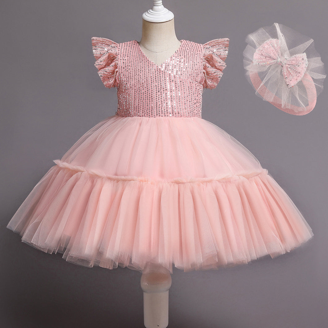 Vestido rosa con lentejuelas, tutu y mangas con volados, vincha incluido