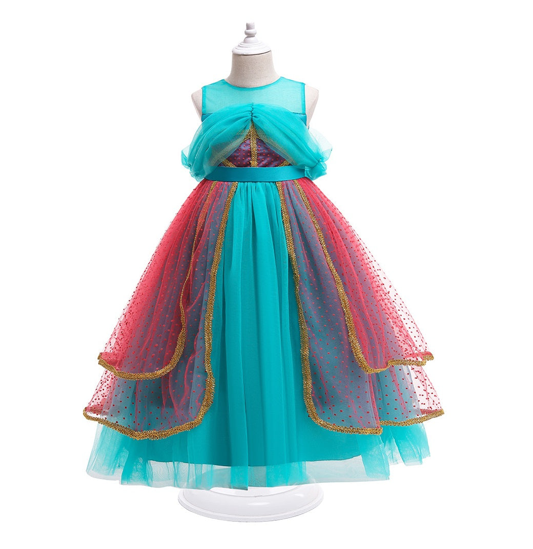 Vestido turquesa con detalles en rosa y brillo estilo Princesa Jasmin Aladdin