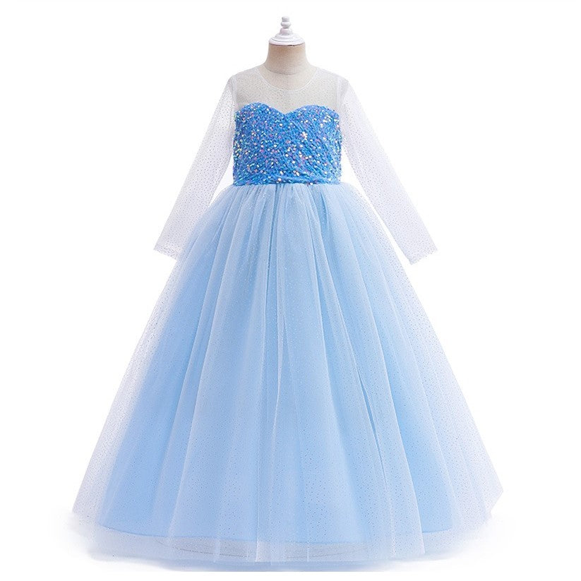 Vestido celeste estilo Elsa Frozen  manga larga transparente con brillo y lentejuelas