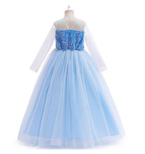 Carregar imagem no visualizador da galeria, Vestido celeste estilo Elsa Frozen  manga larga transparente con brillo y lentejuelas
