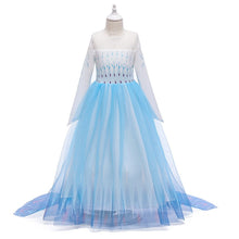 Cargar imagen en el visor de la galería, Vestido estilo Elsa Frozen celeste manga larga con transparencia y capa
