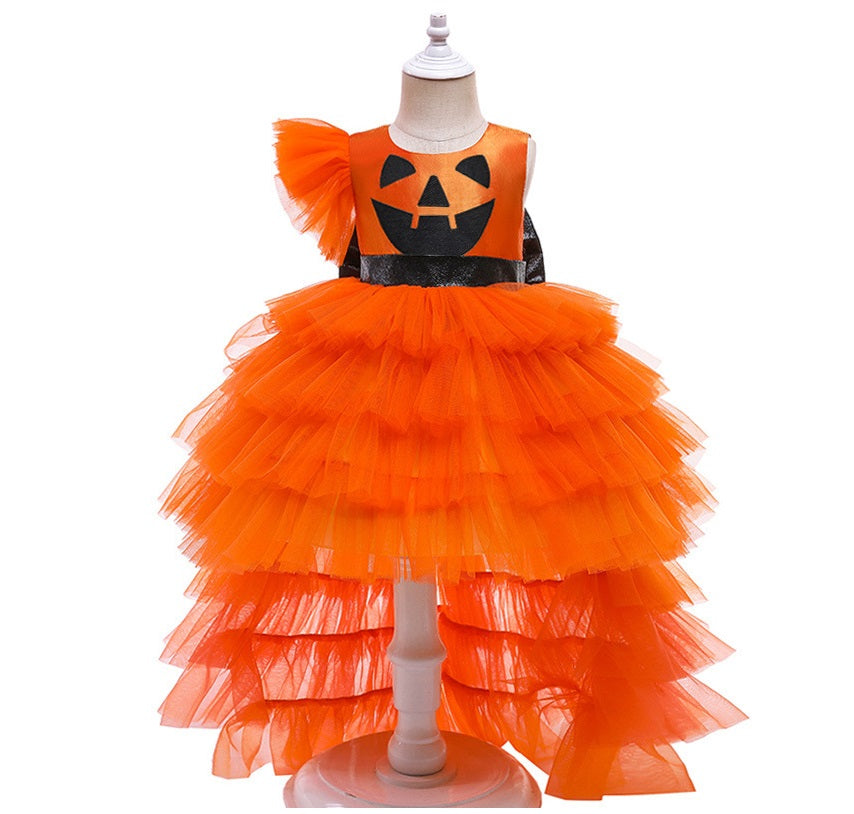 Vestido naranja escalonado cola de tul para halloween