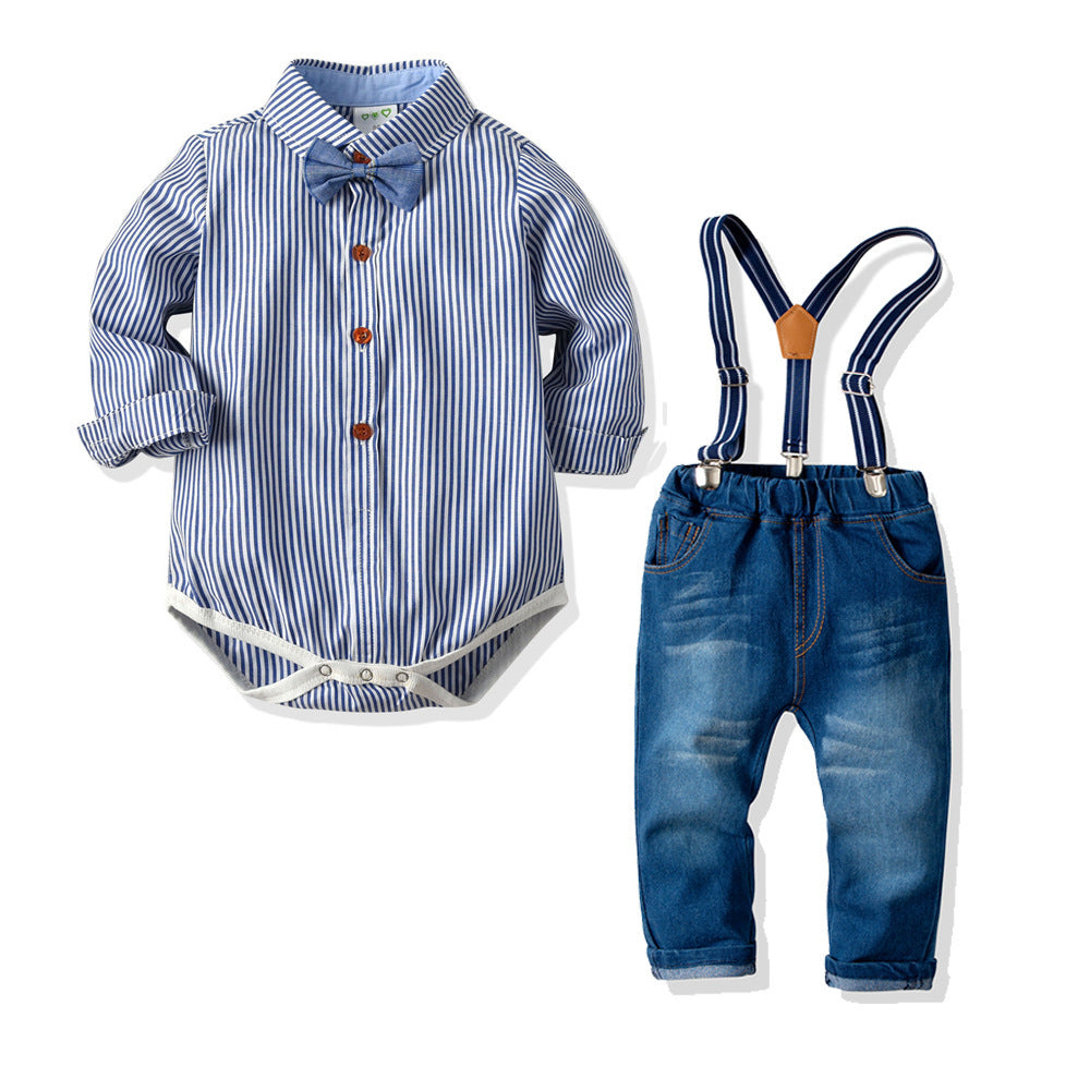 Body camisa media manga azul a rayas con moño y pantalón jeans con tirante