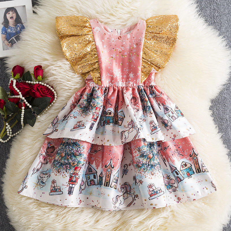 Vestido elegante rosa estampado navideño, mangas con lentejuelas