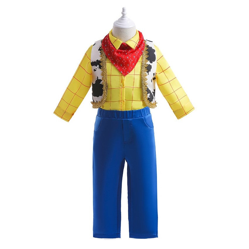 Camisa amarilla, pantalón azul y chaleco estilo Woody de Toy Story